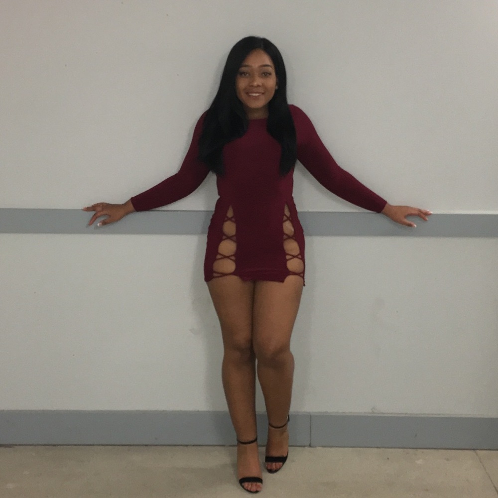 Burgundy side cut out mini dress